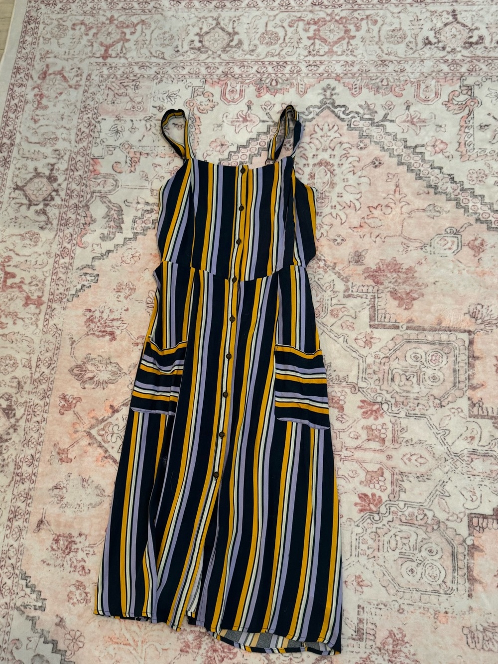 Xhilaration Navy, Yellow & White Striped Button-Front Midi Dress